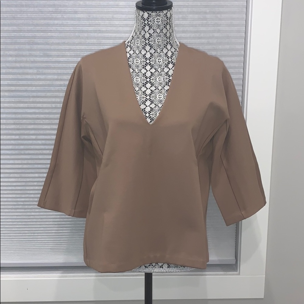 OAK + FORT Camel heavyweight v neck shirt.